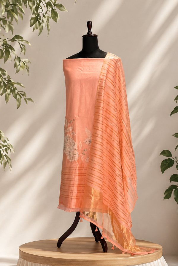 Peach Pink Pure Chanderi Set