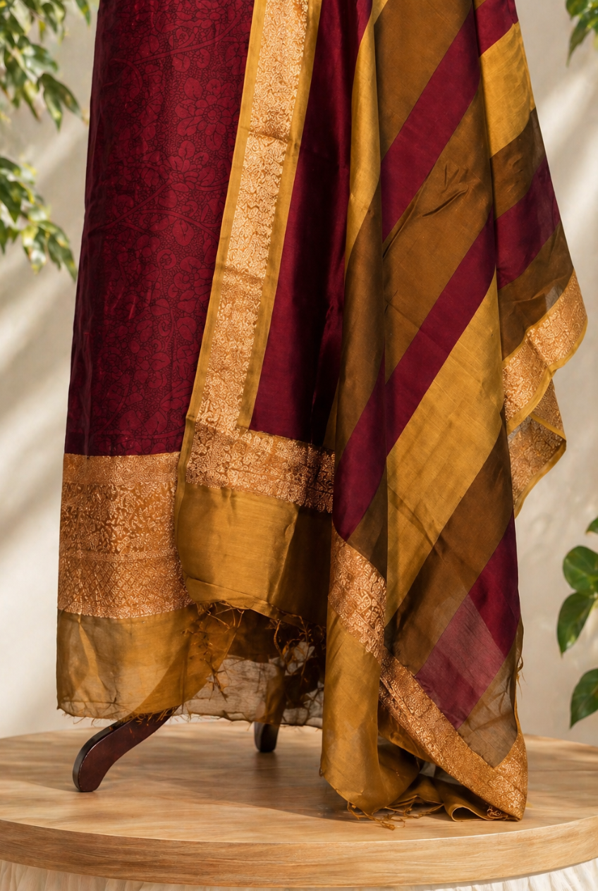 Deep Marron Maheshwari Set