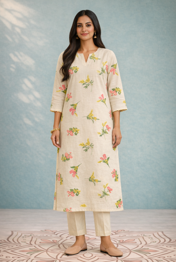 Ivory Mul Chanderi Printed Kurta Set
