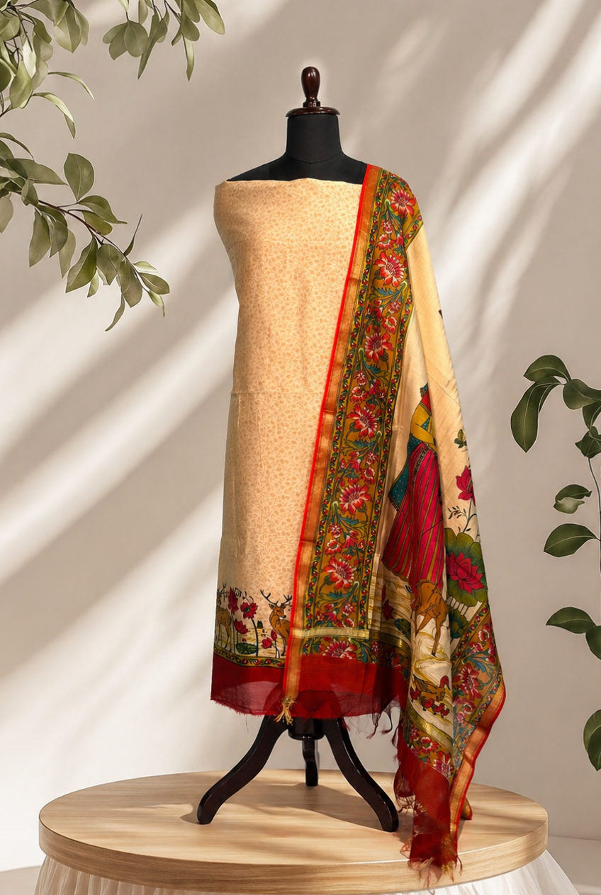Beige and Rust Orange Maheshwari Set