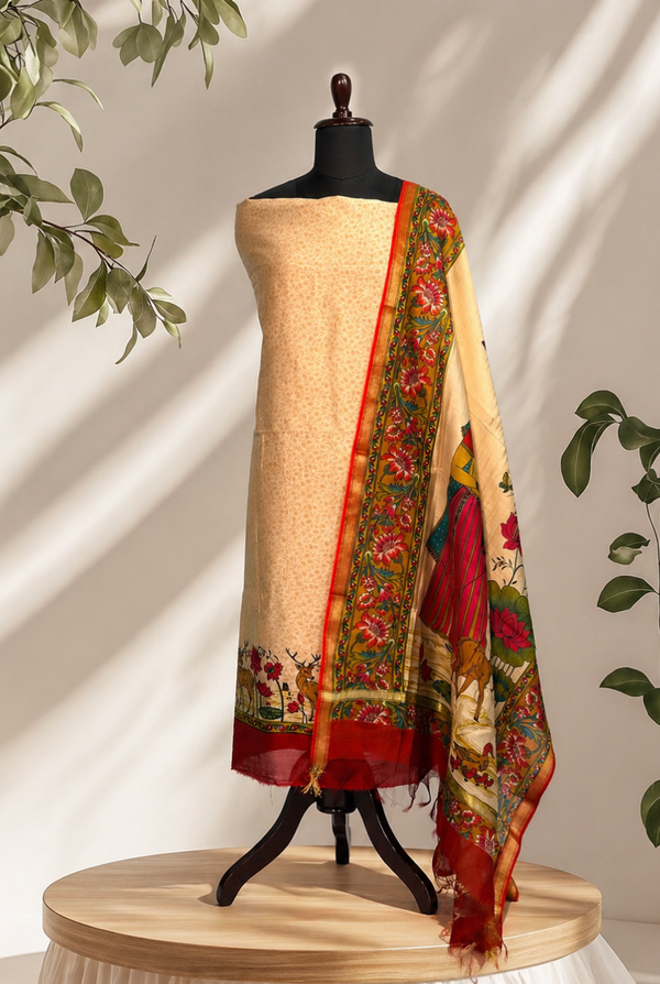 Beige and Rust Orange Maheshwari Set