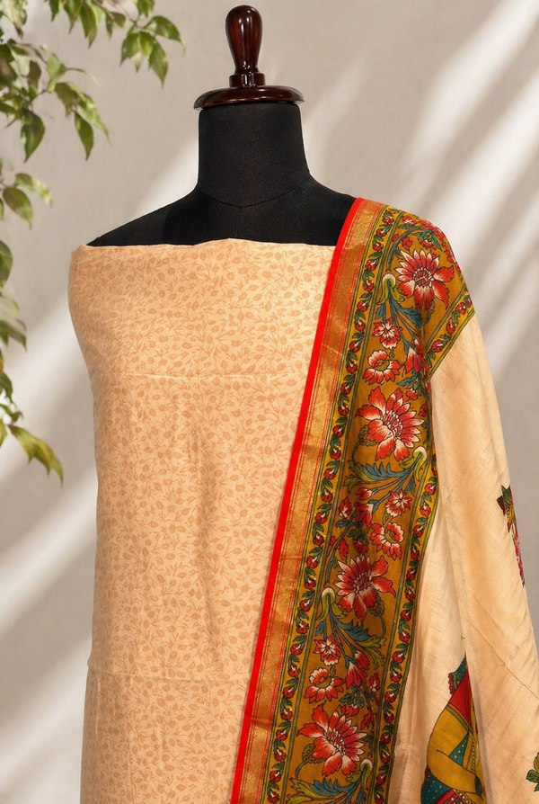 Beige and Rust Orange Maheshwari Set