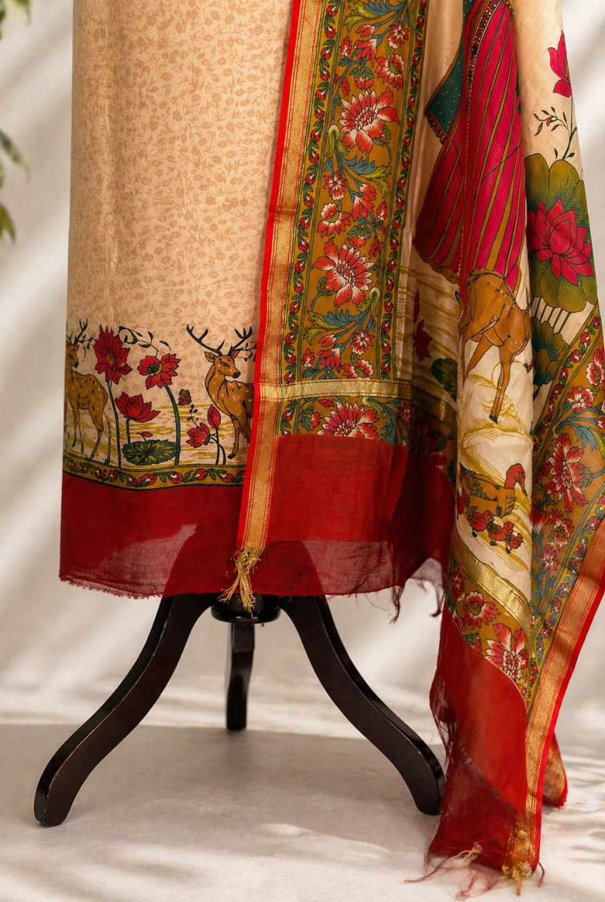 Beige and Rust Orange Maheshwari Set