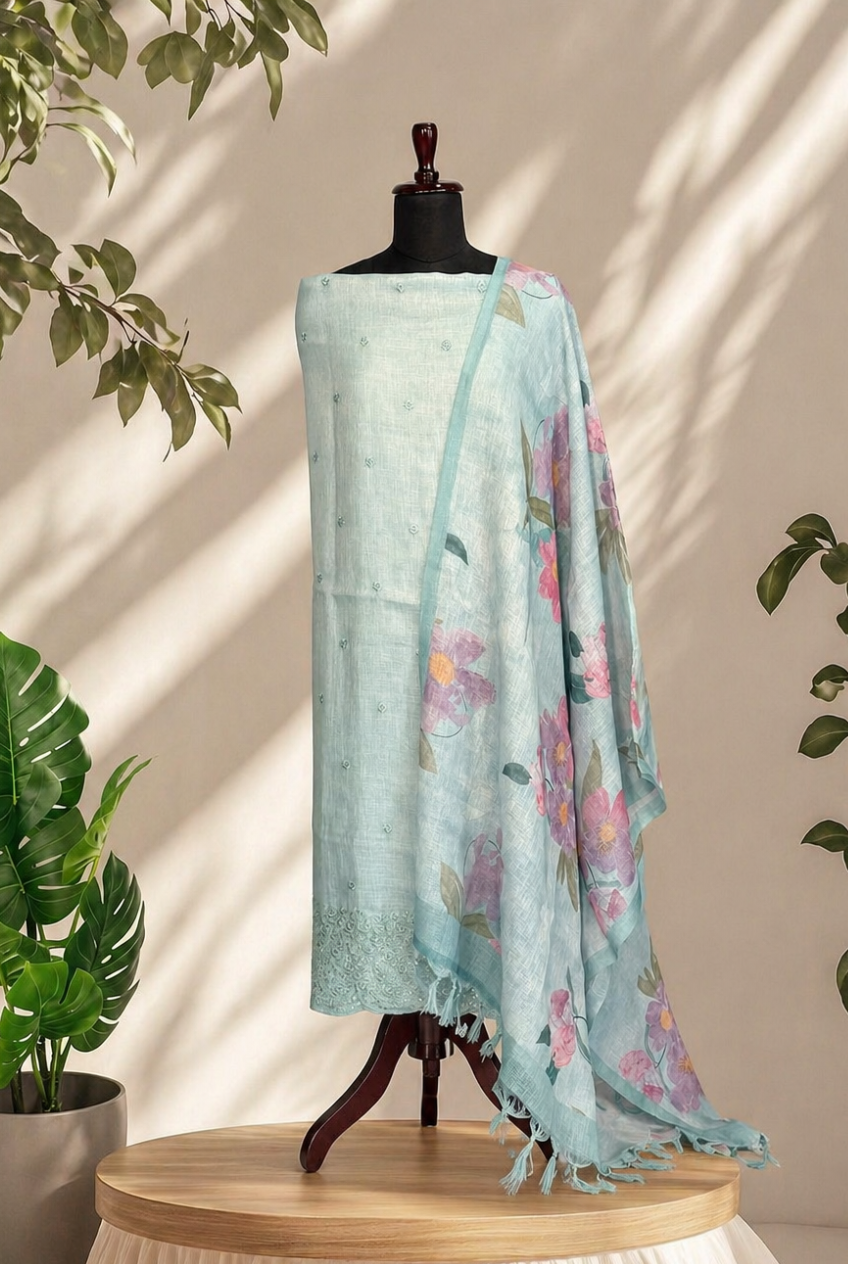 Light Blue Embroidered Jute Set