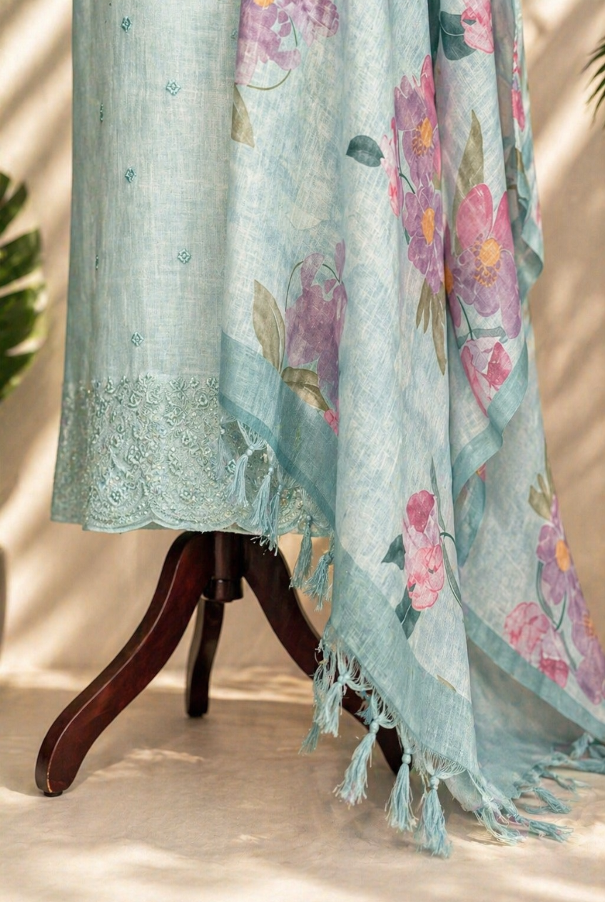 Light Blue Embroidered Jute Set