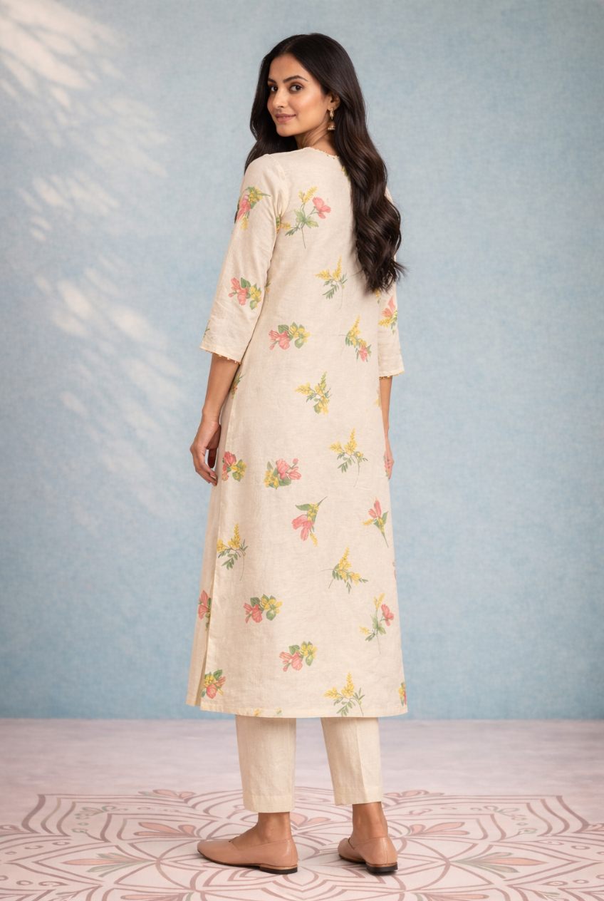 Ivory Mul Chanderi Printed Kurta Set