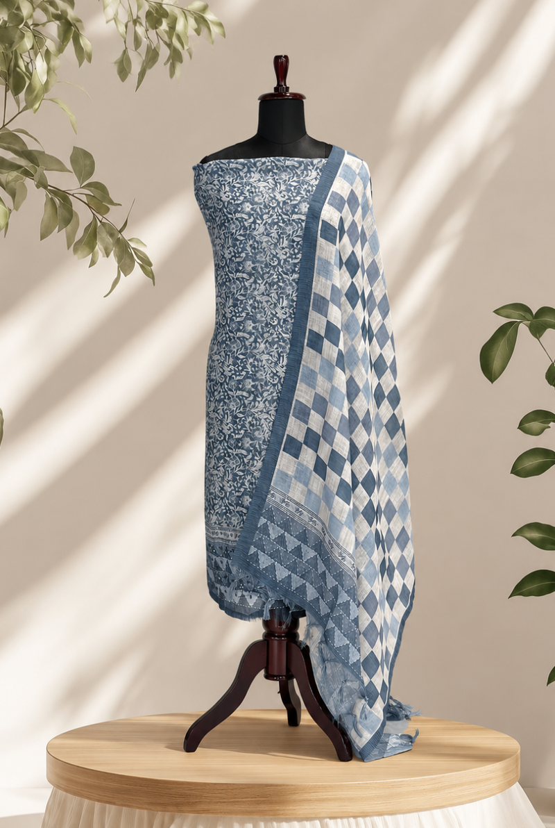 Blue Hand Block Printed Chanderi Set