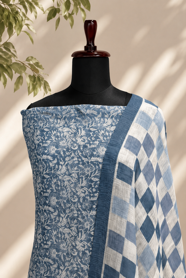 Blue Hand Block Printed Chanderi Set