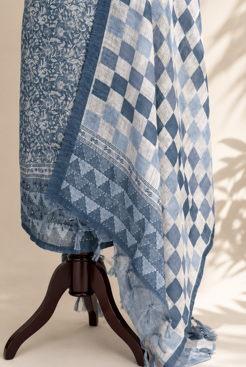 Blue Hand Block Printed Chanderi Set