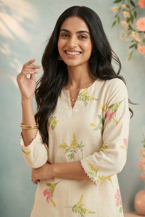 Ivory Mul Chanderi Printed Kurta Set