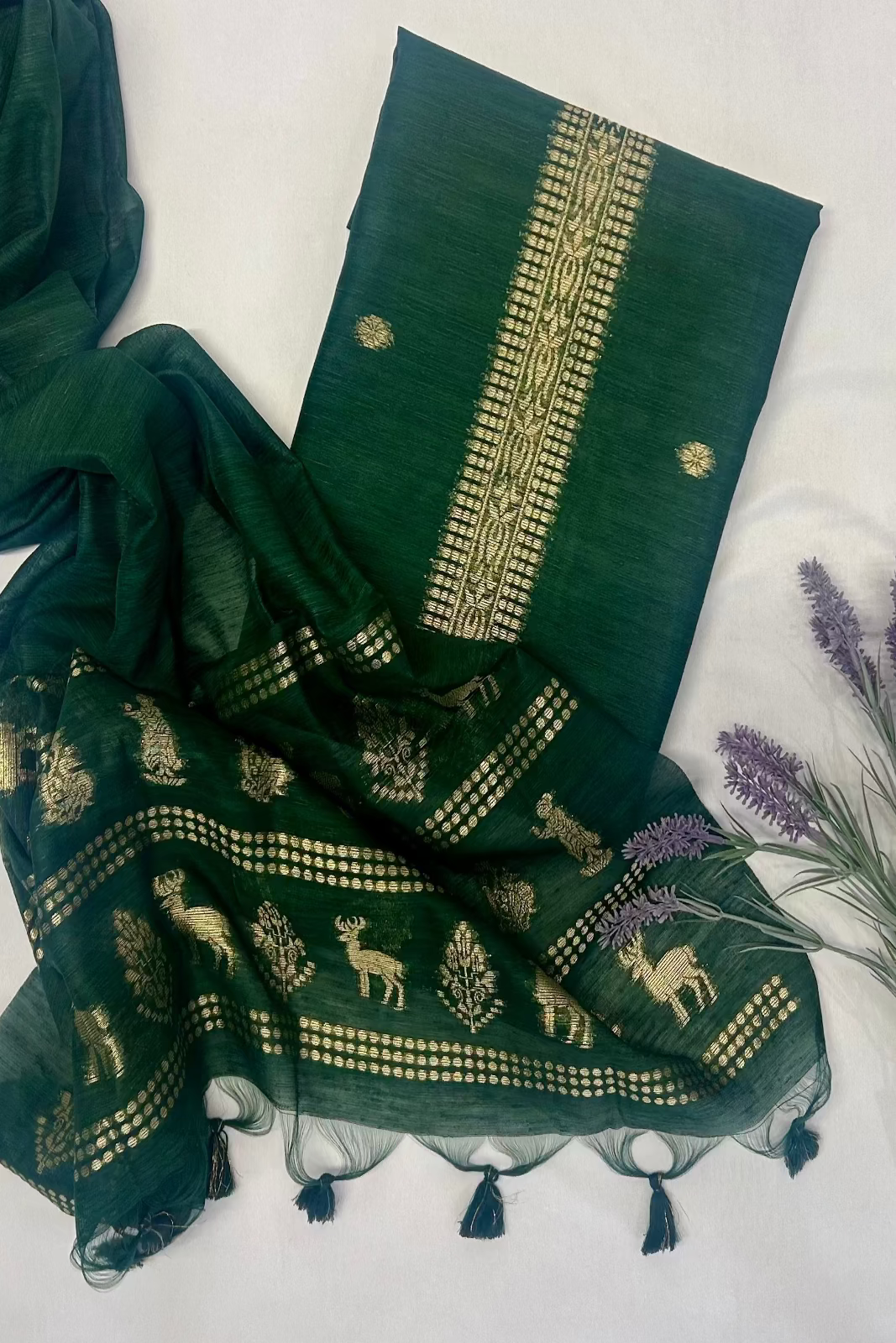 Dark Green Cotton-Silk Jamdani set