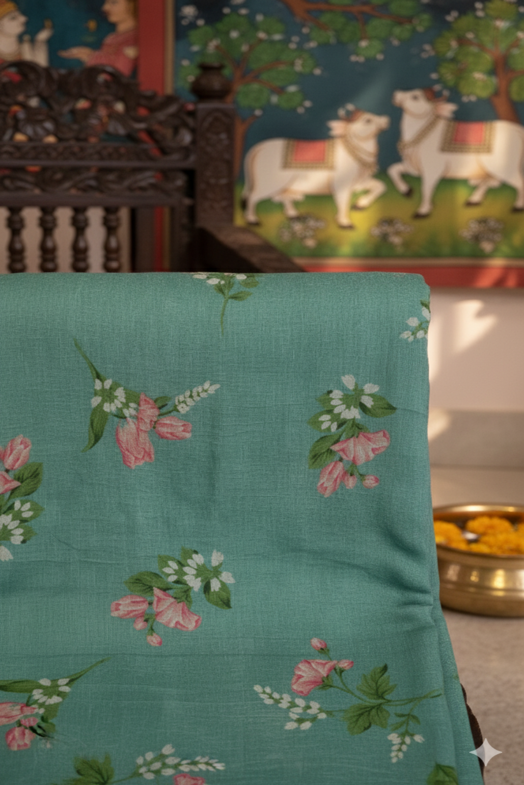 Sea Green Floral Mul Chanderi