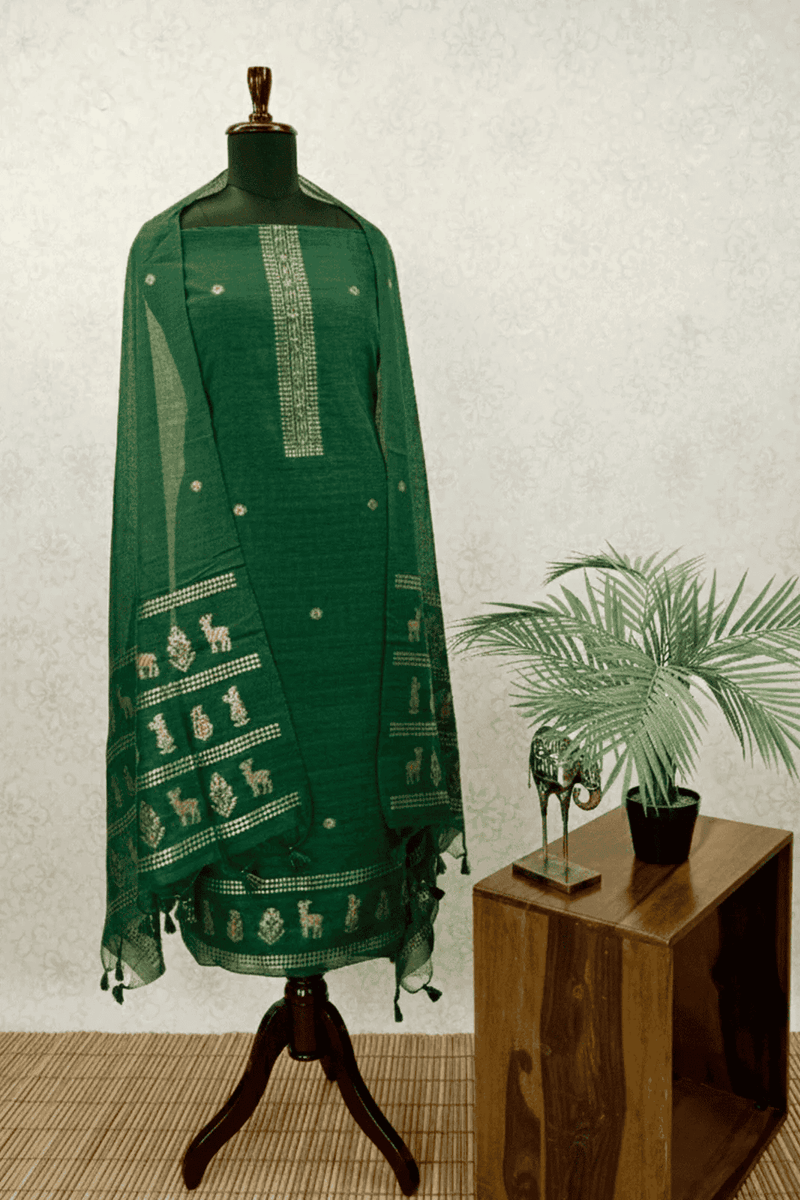 Dark Green Cotton-Silk Jamdani set