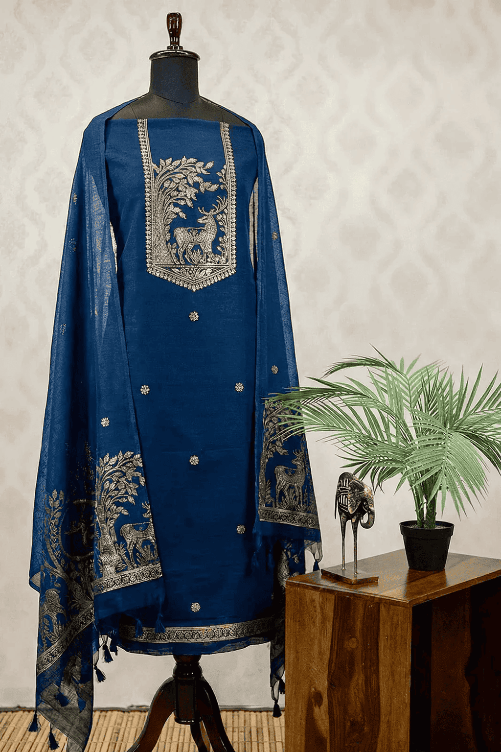 Navy Blue Cotton silk suit set
