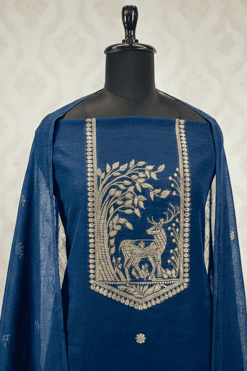 Navy Blue Cotton silk suit set