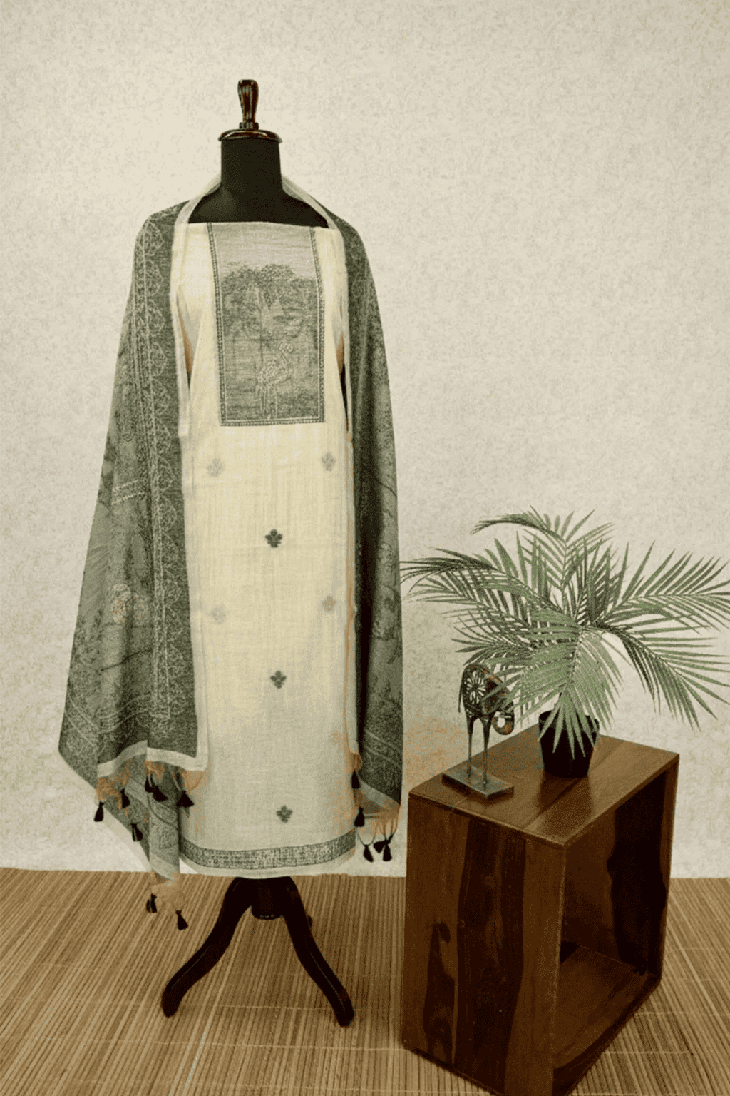 Cream and Black Muga Silk set