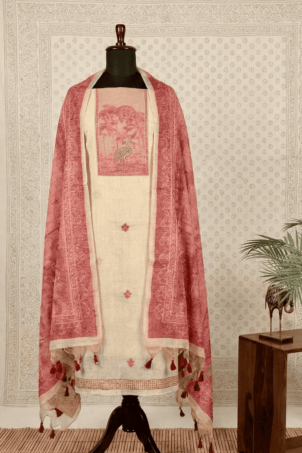 Cream and Red Muga Silk set