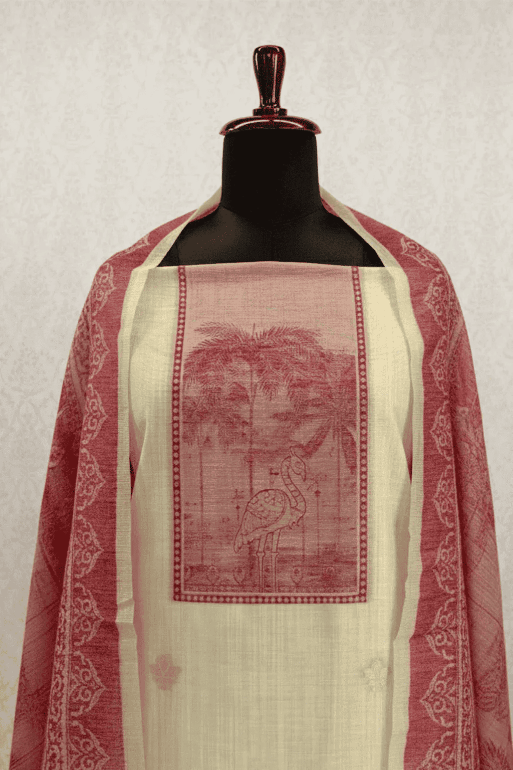 Cream and Red Muga Silk set