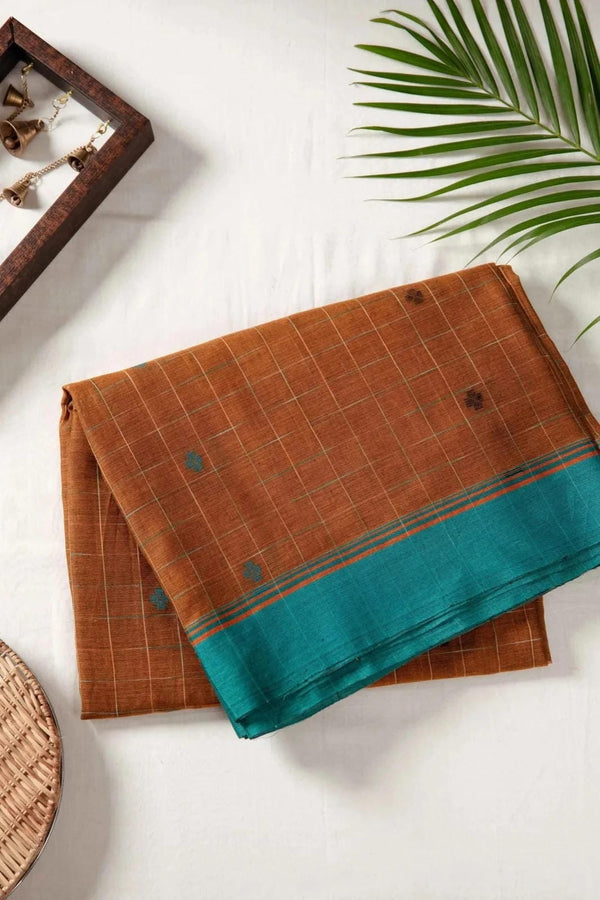 Mustard & Teal Handwoven Checks Saree