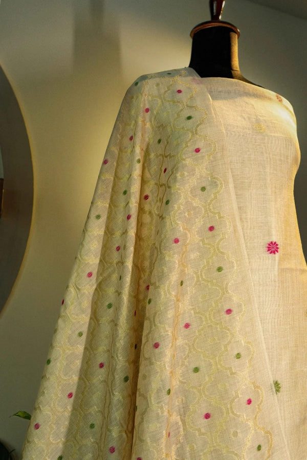 Ivory And Green Jamdani Suit Material