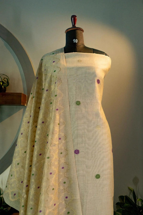 Ivory And Purple Jamdani Suit Material