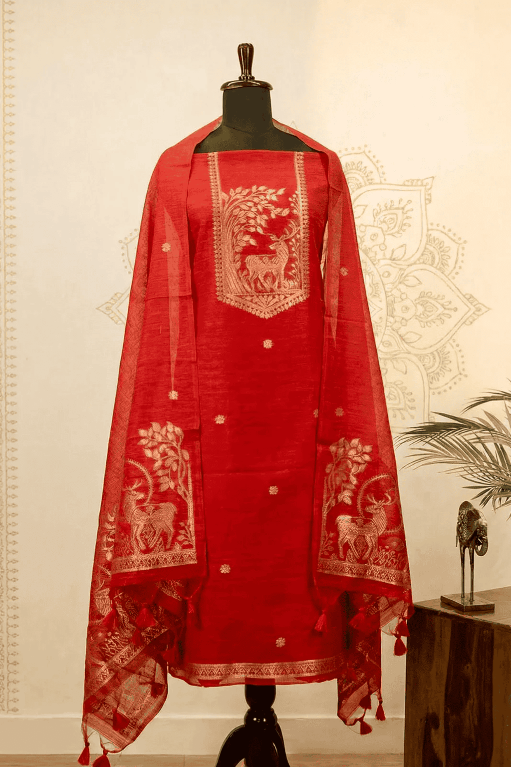 Red Cotton silk suit set