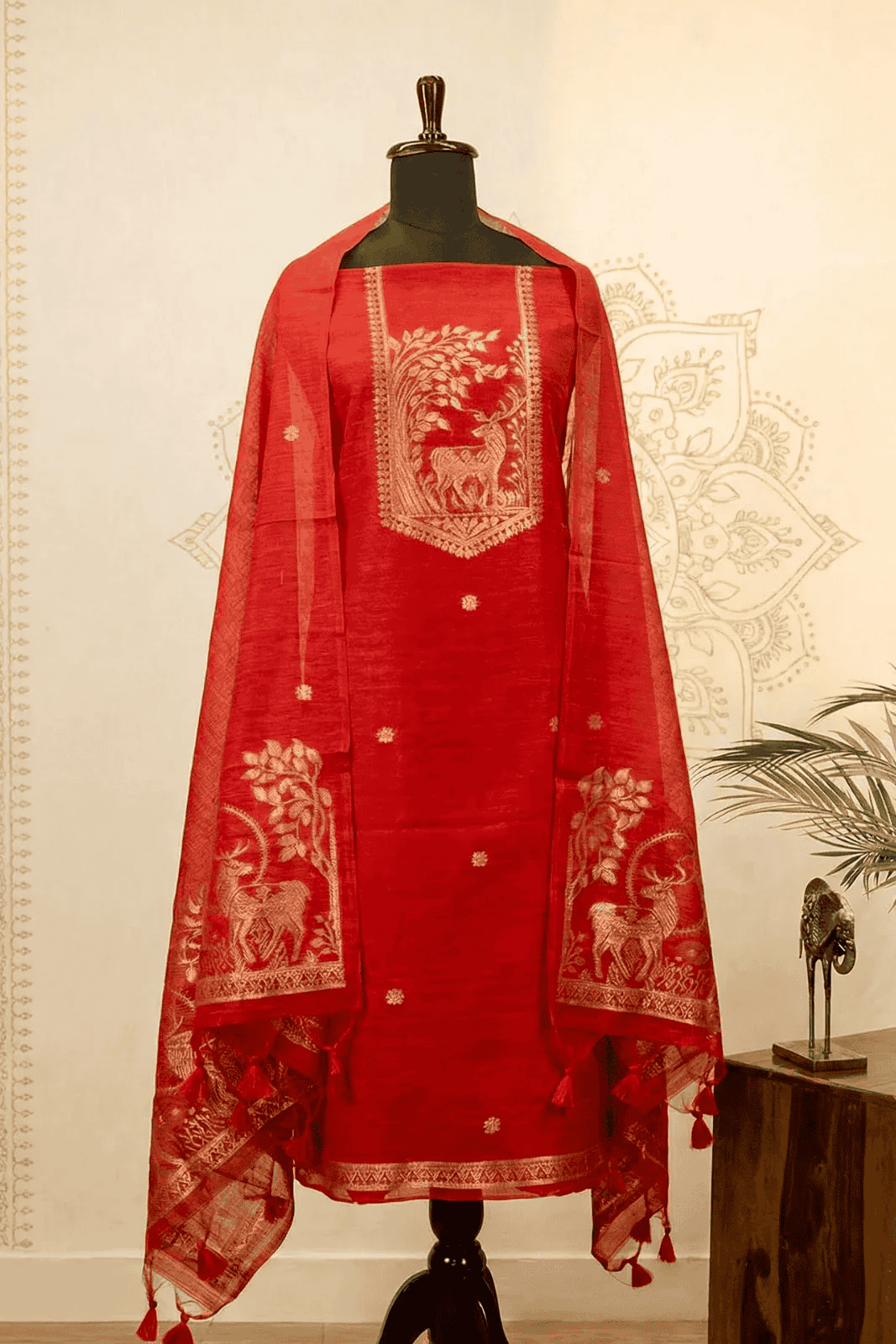 Red Cotton silk suit set
