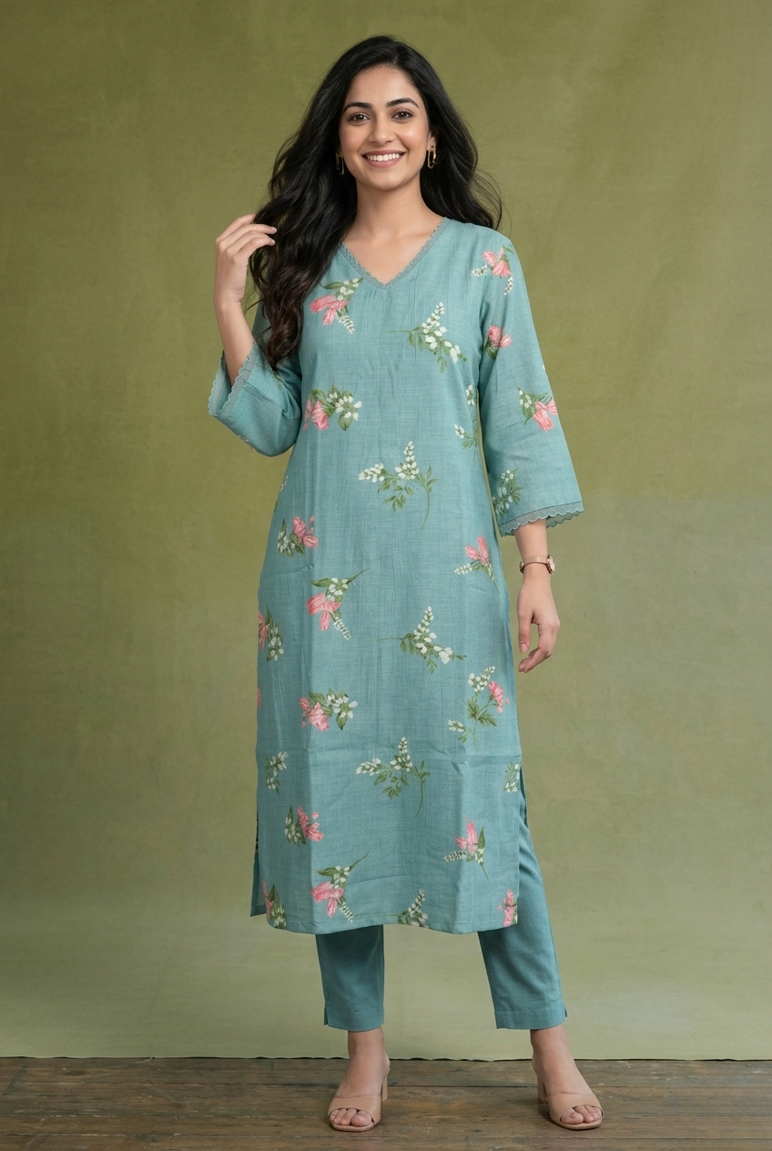 Sea Green Chanderi Printed Kurta