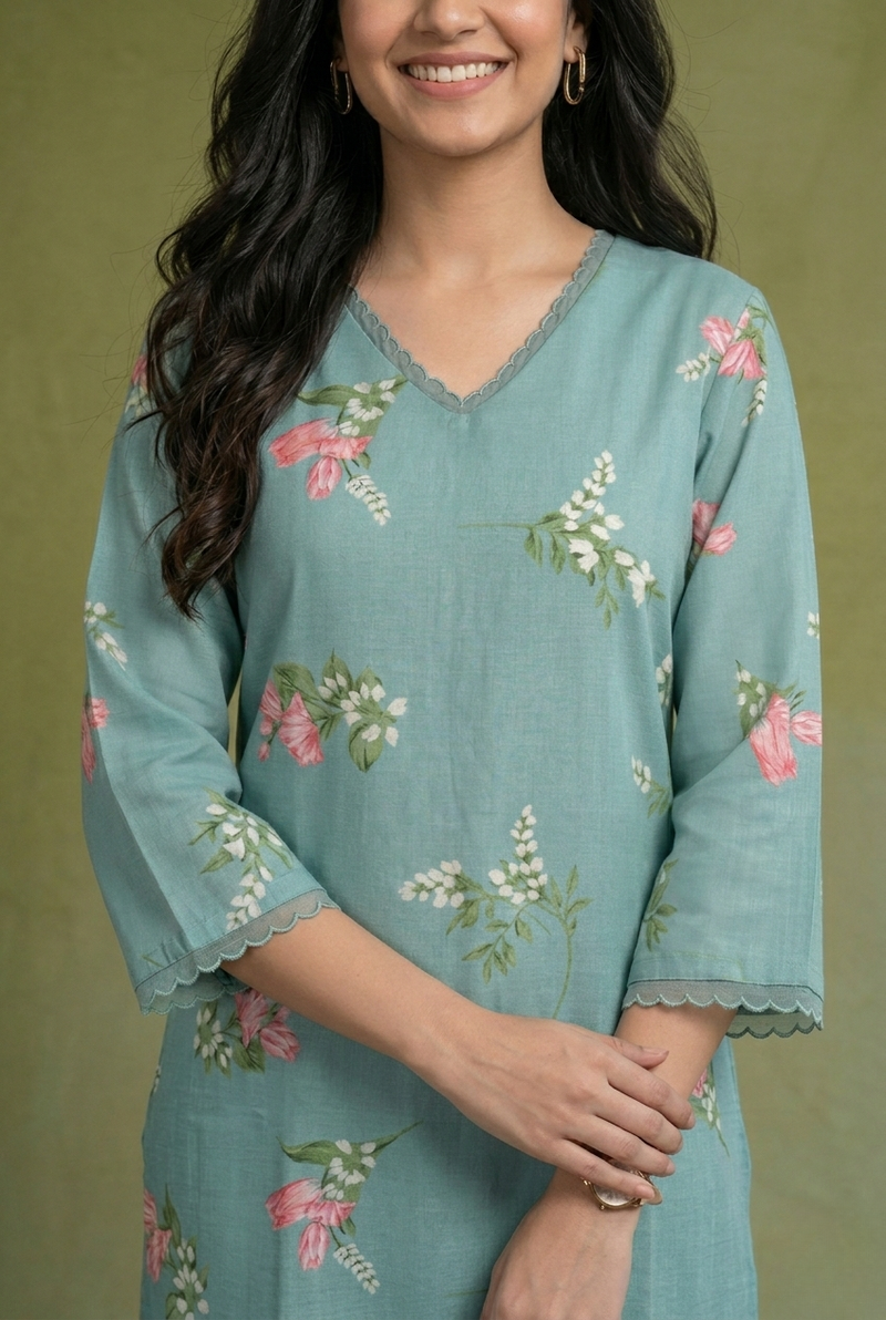 Sea Green Chanderi Printed Kurta