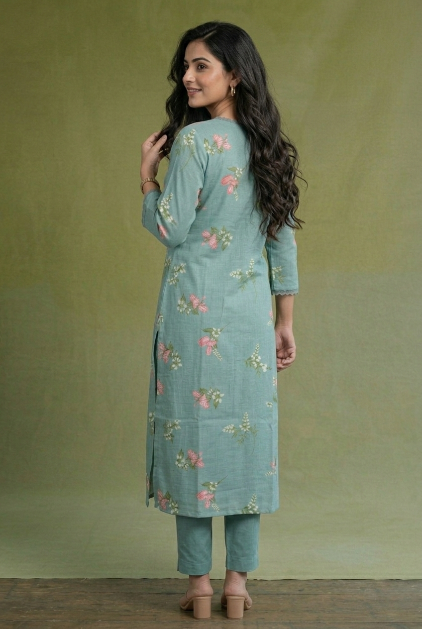 Sea Green Chanderi Printed Kurta